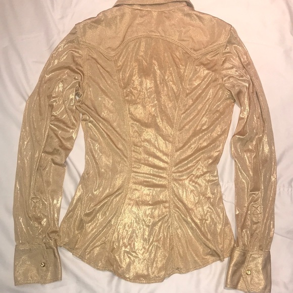 Gold metallic jersey stretch shirt gold top stitch - Picture 4 of 4